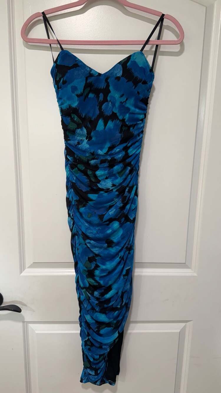 Ruched Floral Mesh Midi Dress Blue Side Slit Date Night Wedding Guest Medium
